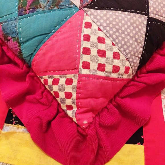 Vintage Patchwork Ruffle Pillow Bright Red Groovy Prints Flowers Stars Check BOH - Picture 3 of 12